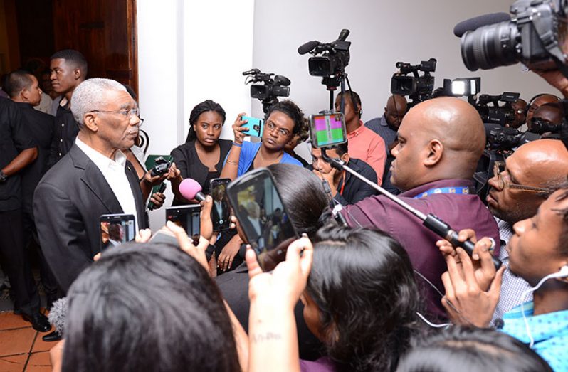 President David Granger speaks with the media (Delano Williams photo)