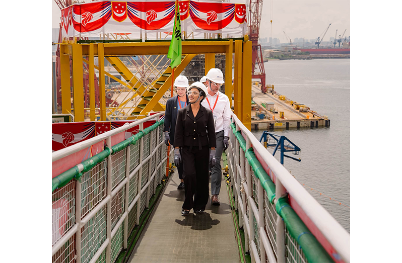 First Lady Arya Ali had previously participated in the naming and tour of the Errea Wittu FPSO after becoming its godmother. Following its voyage from Singapore, this state-of-the-art vessel is the first FPSO built by the Japanese company, MODEC, for use in Guyana. The vessel’s arrival represents another significant leap in the continued growth and development of our country’s oil and gas sector (Source: First Lady Arya Ali’s official Facebook page)