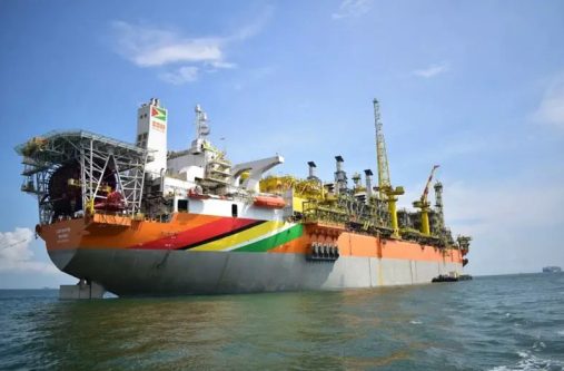 The Liza Destiny Floating Production Storage and Offloading (FPSO) vessel is producing oil offshore Guyana at the ExxonMobil-operated Stabroek Block