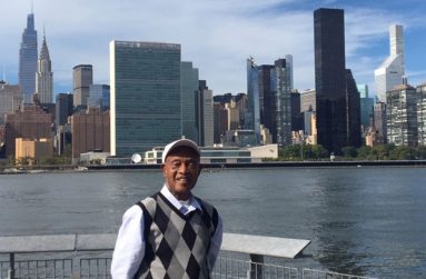 Farrier in New York City with the East River and the UN Headquarters in the background