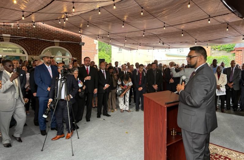 President Dr. Mohamed Irfaan Ali addressing fellow Guyanese and friends in Washington DC on Wednesday July 27, 2022 (Photo by Francis Quamina Farrier)