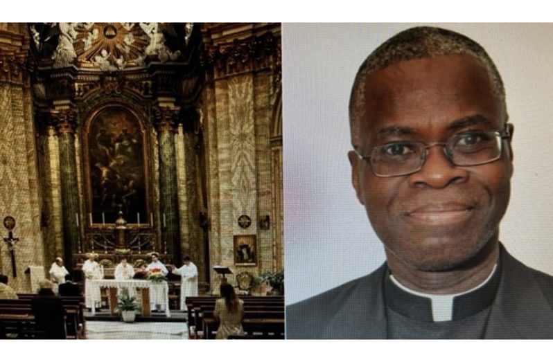 At left is a scene inside the catholic church of St. Peter Claver in New York. At right, is a photograph of the late Monsignor Paul Winston Jervis