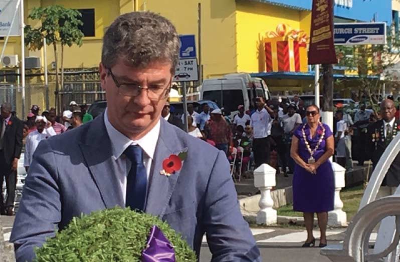 British High Commissioner to Guyana, Dr. Greg Quinn at the Cenotaph in Georgetown, on Remembrance Day. (Photo by Francis Quamina Farrier)