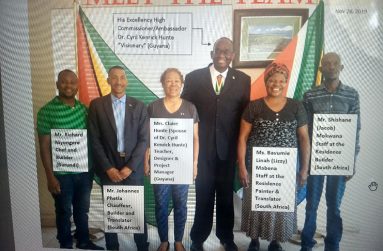 From left to right: Mr. Richard Niyongere, Mr. Johannes Phetla, Mrs. Claire Hunte, High Commissioner Dr. Hunte, Ms. Bavumie Linah (Lizzy) Mabena, and Mr. Shishane (Jacob) Mokwana.