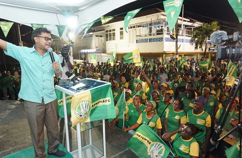 Mayor of Georgetown, Ubraj Narine speaks to a crowd of A
Partnership for National Unity (APNU) + Alliance for Change
(AFC) supporters in attendance at a public meeting at the Kitty
Market square on Sunday (Carl Croker photo)