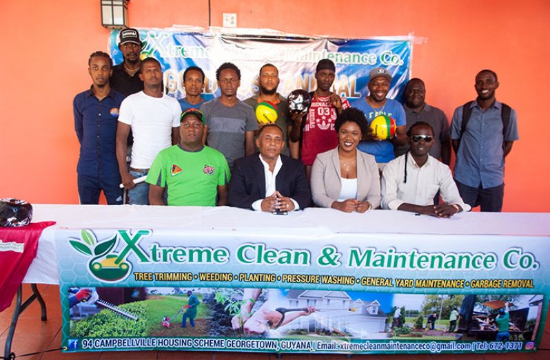 Organisers and representatives of the 24 teams at yesterday’s launch of the Xtreme Clean & Maintenance Futsal tournament. (Delano Williams photo)