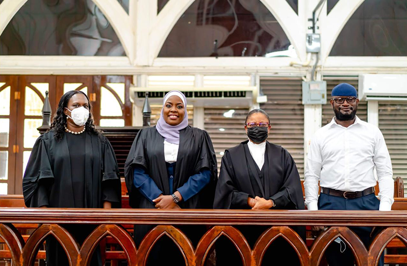 Attorney-at-law Faa’izah Hafeeza Mustafa (second left) alongside Chief Justice (ag) Roxane George, SC, (second right); attorney-at-law Christine McGowan (extreme left), and Mutsafa’s husband, after she was admitted to the bar (Kevin Laxus photo)