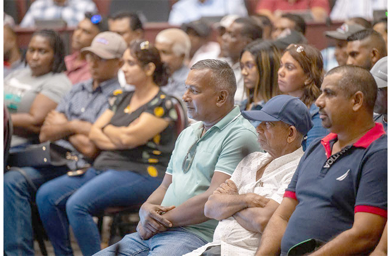 Rice farmers gathered at the Arthur Chung Conference Centre following President, Dr Irfaan Ali’s cash- grant announcement