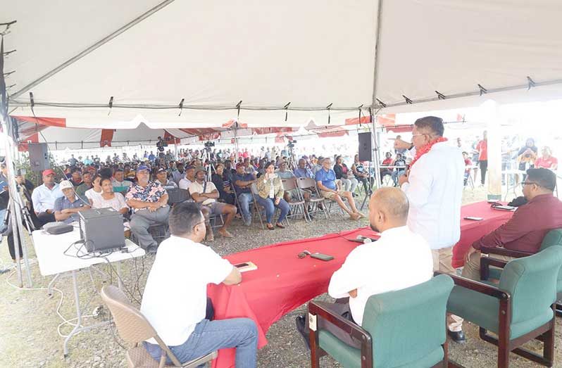 Minister of Agriculture, Zulfikar Mustapha speaking to rice farmers in Region Five on Wednesday
