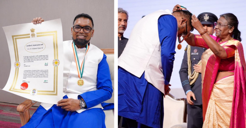 President Ali displays the award which was bestowed upon him by India's President Murmu (pictured with President Ali on the right)