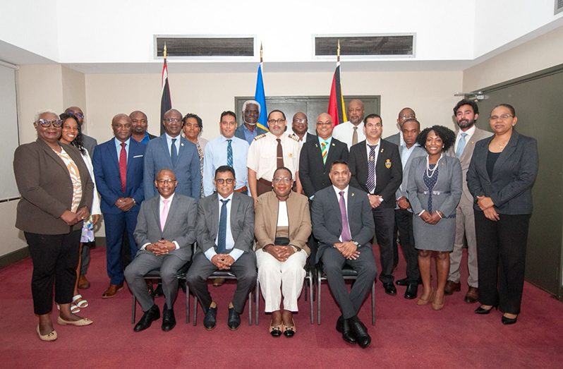 (L-R first row) G.P. George Gooding-Edghill, Minister of Tourism and International Transport (Barbados); Senator Rohan Sinanan, Minister of Works and Transport (Trinidad and Tobago); Dr Pauline Yearwood, Deputy Programme Manager Directorate of Trade and Economic Integration, Caribbean Community Secretariat; Deodat Indar, Minister within the Ministry of Public Works (Guyana), and other regional representatives at the meeting for the operationalisation of an Intra-Regional Transportation Company to address regional transportation via a ferry service