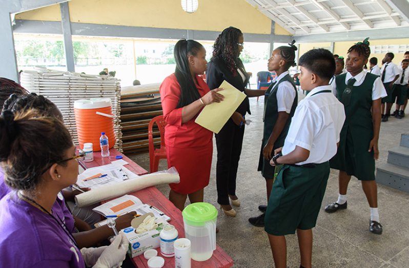 Students from the West Demerara Secondary schools taking their pills