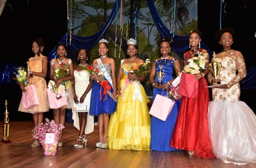 The top four junior and senior finalists in the Miss St Joseph Pageant. They are, from left: Chrislene Persaud, Leah Alves, Kizza McLeod, Shameeza Baksh, Devya Singh, Tibina Deen, Elizabeth Baptiste, and Ruth Wilson (Photos by Adrian Narine)