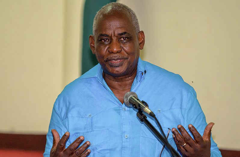 Minister of Home Affairs, Robeson Benn, speaking during the Fire Advisory Board’s Outreach Programme (Delano Williams photo)