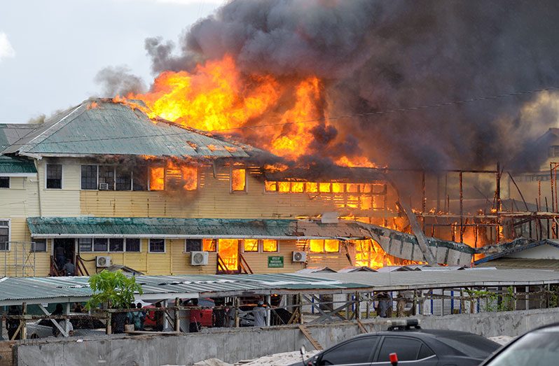 Fire consumes a section of the building at the GPF’s Eve Leary headquarters.