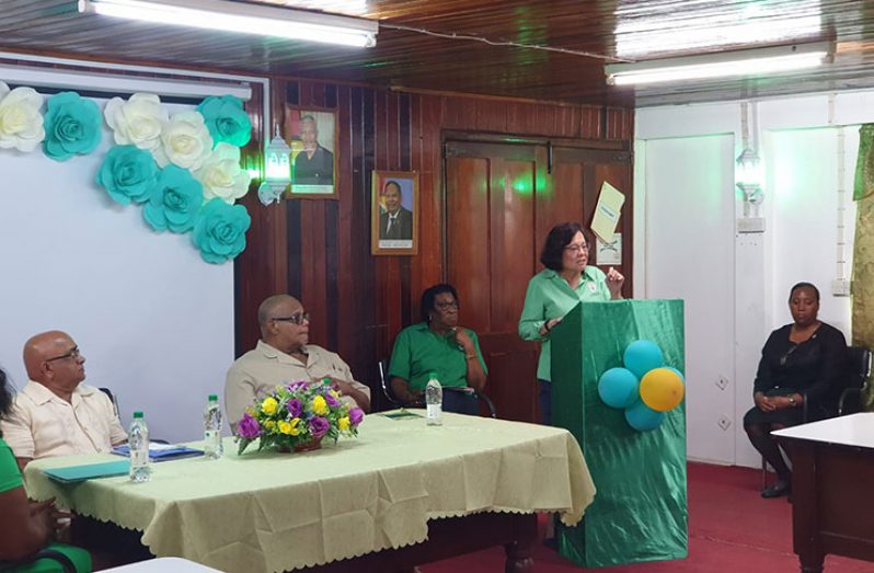 First Lady, Mrs. Sandra Granger, addressing the audience at the launch of the Region Two ICT training workshop.