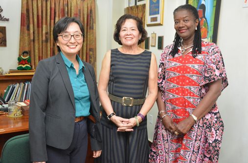 First Lady, Mrs. Sandra Granger is flanked by, UN Resident Coordinator and UNDP Resident Representative, Ms. Mikiko Tanaka (left) and UNFPA Resident Representative, Ms. Patrice LaFleur
