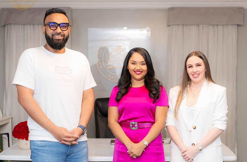 The Managing Director of the Sheriff Group of Companies and New Managing Partner of the Sheriff General Hospital, Mr. Ameir Ahmad, First Lady Arya Ali (middle), and the Director of Medicine at the Sheriff Hospital, Dr. Lisandra Ahmad