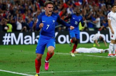 France's Antoine Griezmann celebrates after scoring their first goal. (Reuters/Eddie Keogh)