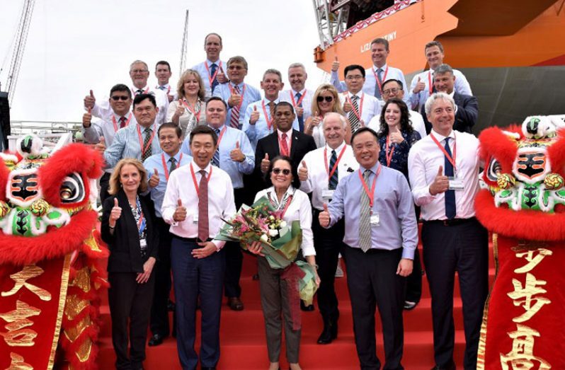 First Lady, Sandra Granger, along with ExxonMobil officials on board the Liza Destiny following the dedication ceremony at the Keppel Shipyard in Singapore (MoTP photo)