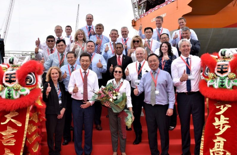 First Lady Sandra Granger along with ExxonMobil officials, on board the Liza Destiny following the dedication ceremony at the Keppel Shipyard in Singapore.(MOTP photo)