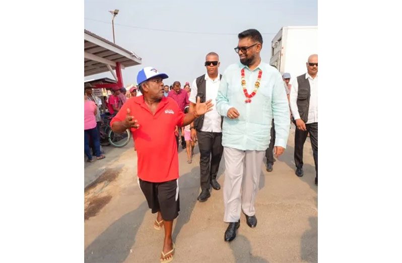 During a visit to Three-door Sluice, D’Edward Village, West Coast Berbice, Region Five, on Wednesday, President Dr Mohamed Irfaan Ali interacted with local fisherfolk and committed to improving their working conditions