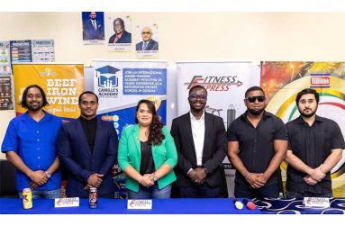 From left: Fizal Bacchus (Unity Cabs and Gym), Callender, Camille ‘Dookie’ Gorakh of Camille’s Academy, Keavon Bess, past President of GBBFF, Adam Ferouz of (Twins Manufacturing Chemists) and Videsh Sookram (Organiser)