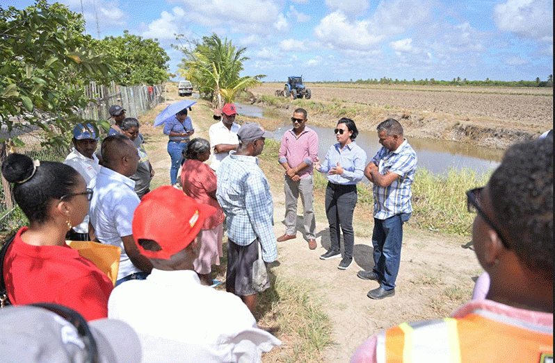 Minister within the Ministry, Susan Rodrigues flanked by Regional Chairman, Vickchand Ramphal and Member of Parliament, Faizal Jaffarally in discussion with residents of New Providence, Mahaicony