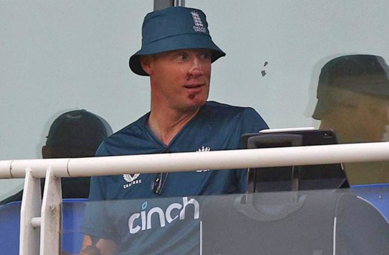 Andrew Flintoff, sporting facial scars after an accident during the filming of Top Gear, looks on from the England dressing-room  •  (ECB via Getty Images)