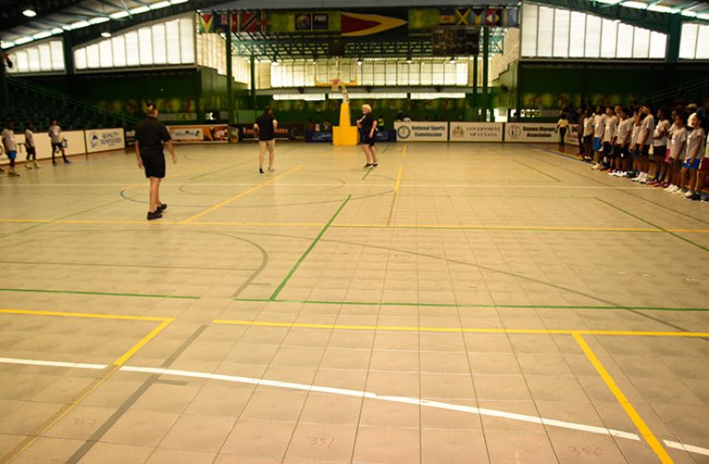 The newly laid plastic tiles of the Cliff Anderson Sports Hall