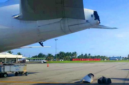 The damaged rear end of the Fly Jamaica Boeing 767