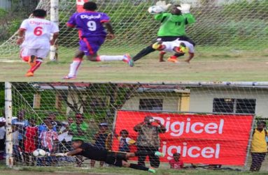 Goooooooal! This flying header from Uriah King (airborne) was well caught by Chronicle Sport photographer Adrian Narine, who also trained his lens well to capture WSS custodian and skipper Gerald Isaacs pulling off one of his two penalty kick saves.