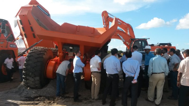 Some of the equipment destined for Karouni formerly West Omai, being inspected by guests during the handing over ceremony (Clifford Stanley photo)