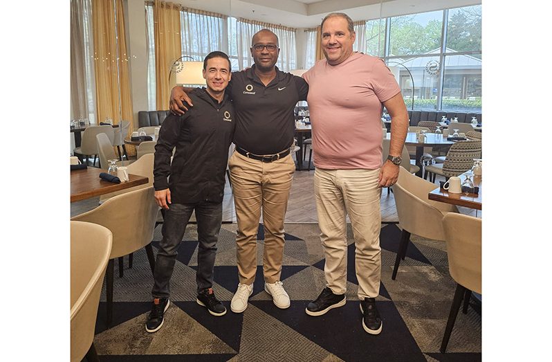 From left: CONCACAF Deputy General Secretary, Marco Leal, Guyana Football Federation President, Wayne Forde and FIFA Vice President and CONCACAF President, Victor Montagliani .