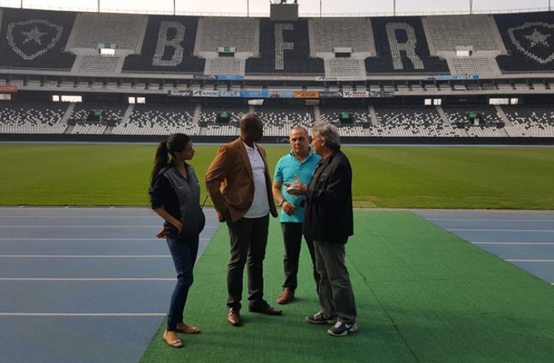 GFF president Wayne Forde holds a light discussion at the Engenhão Estádio Nilton Santos Botafogo FR Stadium during his visit to Brazil.