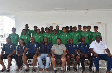 Wayne Forde (4th left) and Troy Mendonca take a photo-op with the SVB Surinamese team