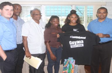 (L-R) Embassy’s Public Affairs Officer Bobby Adelson, Ministry of Culture Youth and Sport Permanent Secretary Alfred King, Director of Sport Neil Kumar, Kristi Castlin and Minister of Sport Dr Frank Anthony (Sonell Nelson photo)