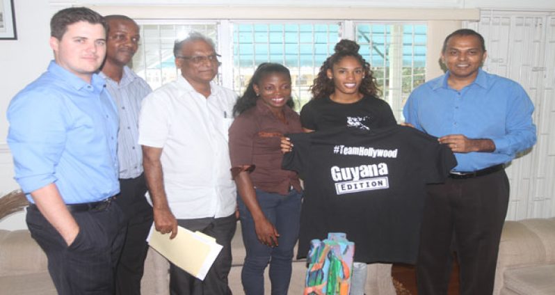 (L-R) Embassy’s Public Affairs Officer Bobby Adelson, Ministry of Culture Youth and Sport Permanent Secretary Alfred King, Director of Sport Neil Kumar, Kristi Castlin and Minister of Sport Dr Frank Anthony (Sonell Nelson photo)