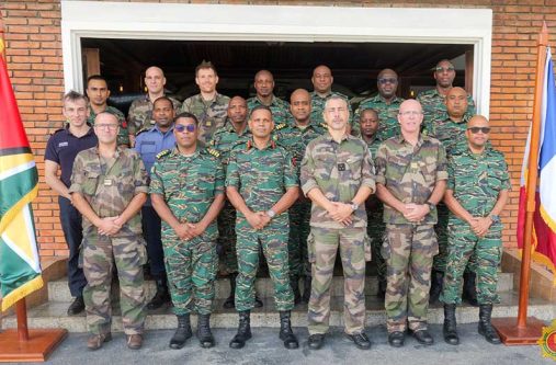 Chief of Defence Staff, Brigadier Omar Khan (front third from left) next to Superior Commander of the Armed Forces in French Guiana, Major General Marc Le Bouil with other soldiers for the 3rd Regional Military Exchange Meeting, taking place at the Officers’ Mess, Base Camp Ayanganna