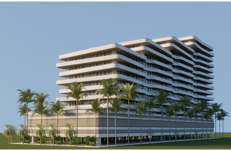 The architect’s rendering of an aerial view of the condo once completed