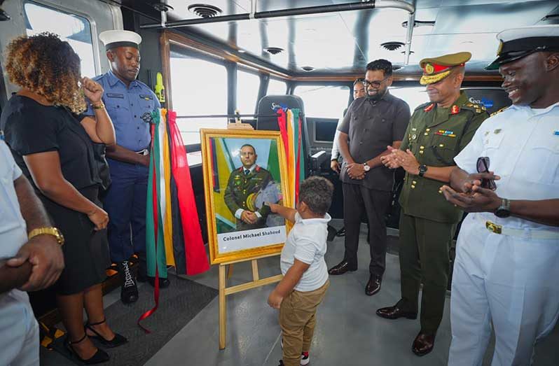 Commander in Chief, President, Dr Irfaan Ali on Tuesday commissioned a new marine vessel. The 115 defiant monohull offshore patrol vessel is the army’s newest patrol vessel named in honour of Colonel Michael Shahoud. It will bolster surveillance of Guyana’s waters and offer security of the country’s Exclusive Economic Zone (EEZ) (OP photos)
