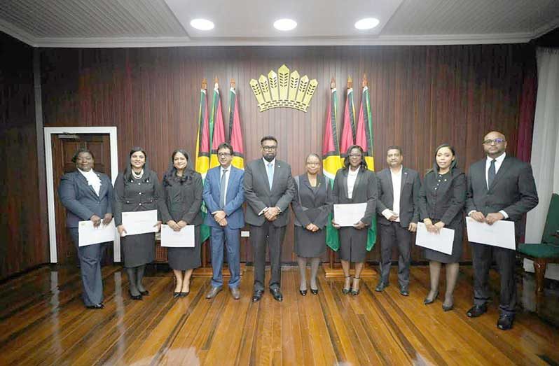 President Dr Mohamed Irfaan Ali, on Wednesday, administered the Oath of Office to six new Puisne Judges: Justices Sueanna Lovell, Mandisa Breedy, Christel Lambert-Meertins, Renita Camille Singh, Sunil Scarce, and Azeena Baksh. He encouraged them to uphold the highest standards of integrity, courage and service as they undertake the important responsibility (OP photos)