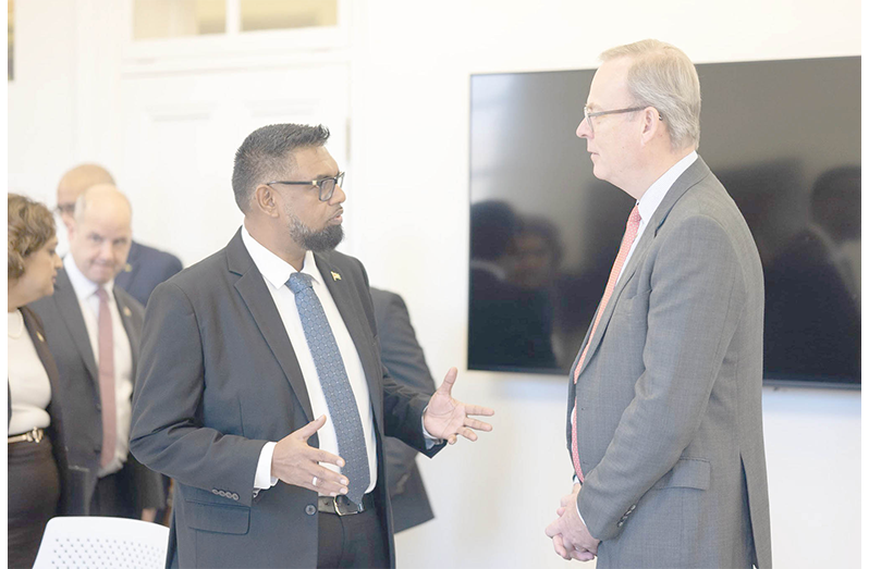 President Dr. Irfaan Ali meets with UK Export Finance CEO, Tim Reid, on Wednesday, to discuss key infrastructural projects, including the CJIA terminal expansion and potential portfolio growth in Guyana (Office of the President photos)