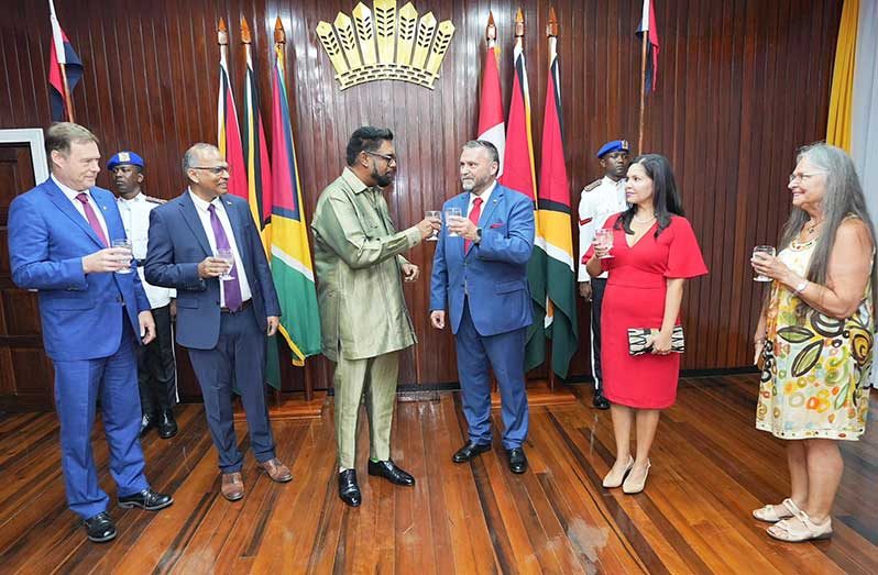 President Dr. Irfaan Ali accepted the Letters of Credence from Sebastien Sigouin, the new High Commissioner of Canada to Guyana. The Head of State lauded the "exceptional relationship" between the two countries, which, he said, has been built on shared culture, value systems, and respect for law and democracy. Guyana and Canada established diplomatic ties on May 26, 1966 (Office of the President photo)