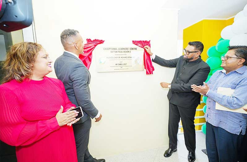 President Dr. Irfaan Ali presided over the opening ceremony for the Exceptional Learners Centre (Special Education Needs (SEN) Unit) in Region Two on 
Wednesday. This $94.7M facility, a project of the Guyanese government under the Basic Needs Trust Fund (BNTF), was completed by the local contractor, 
Builder’s Engineering and Architectural Consultancy (Latchman Singh/ Office of the President photos)