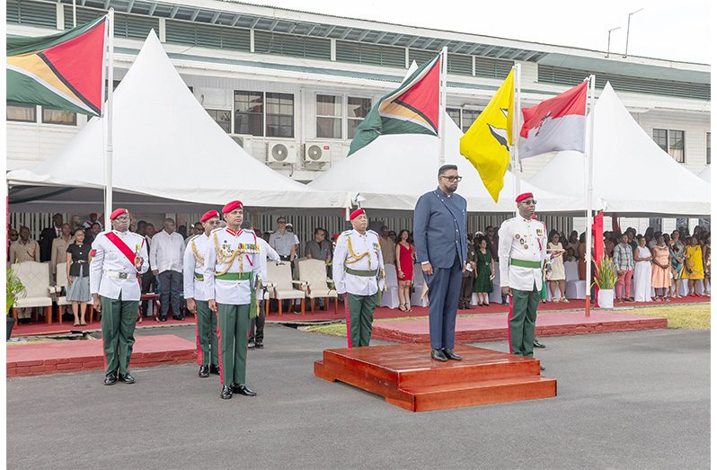 Commander in Chief of the Armed Forces, President Dr. Irfaan Ali at the commissioning parade of the Guyana Defence Force’s (GDF) Standard operating course #56 on Wednesday made it clear that while the country remains committed to peace and diplomacy, it will not tolerate any acts of aggression against its citizens or military personnel (Delano Williams photos)