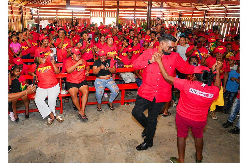 Staying true to his nature, President Irfaan Ali on Saturday danced and shared a meal with the residents of Moraikobai after he outlined massive plans for the community’s development (Office of the President photos)