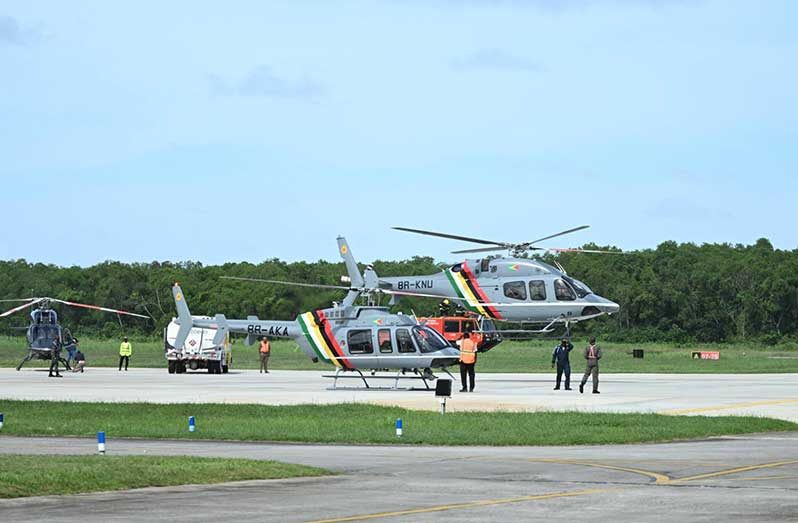 Prime Minister, Brigadier (Ret’d) Mark Phillips and other government officials on Saturday commissioned two new Bell helicopters — the Bell 407 and Bell 429 — at the Guyana Defence Force’s Hangar at Ogle, East Coast Demerara (Photos: Office of the Prime Minister)