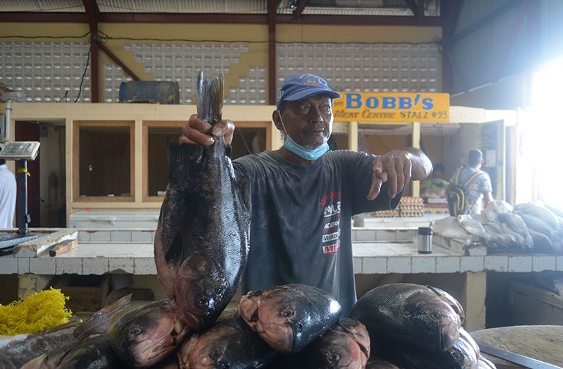 A fisherman at the Bartica Municipal Market, Region Seven (Cuyuni – Mazaruni) displays a fresh large catch while signalling same to potential customers