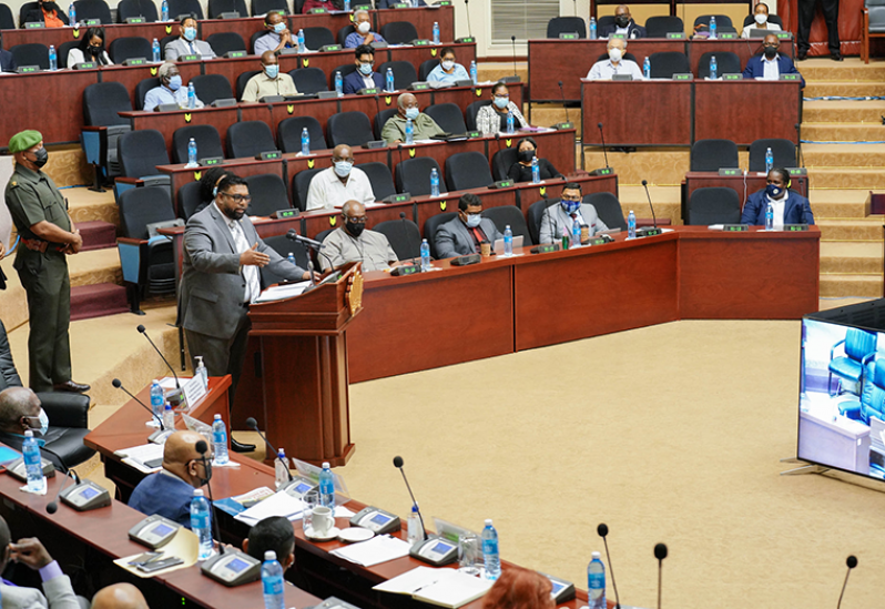 President Dr Irfaan Ali addressing  government officials and stakeholders during the opening of a one-month stakeholders engagement forum on local content at the Arthur Chung Conference Centre, on Monday (Latchman Singh photo)